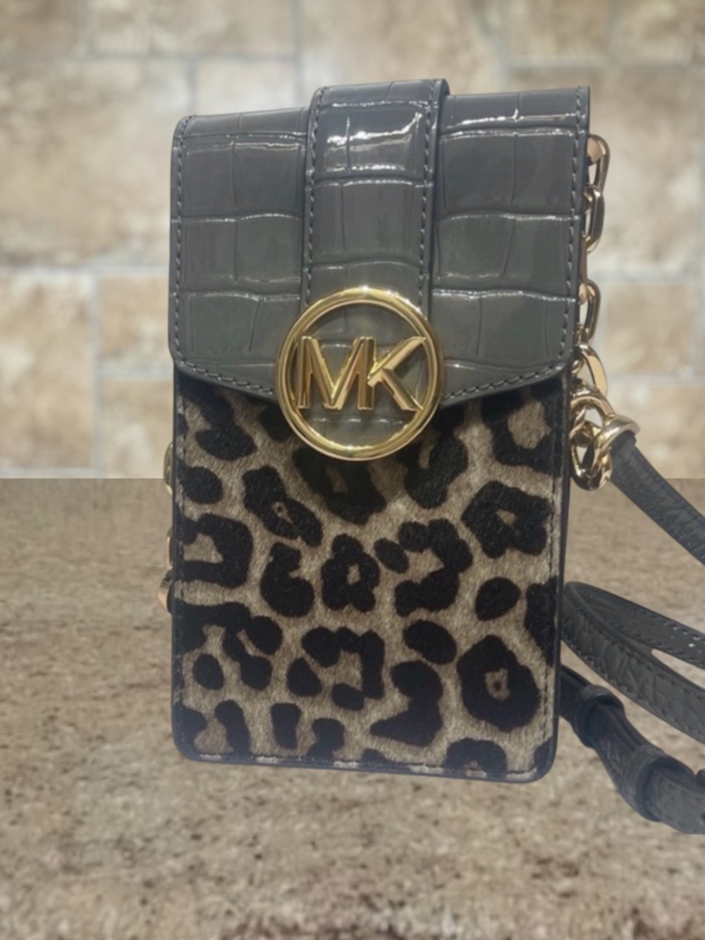 Michael Kors Carmen Phone Crossbody Heather Gray/Cheetah Calf Hair Chain Strap